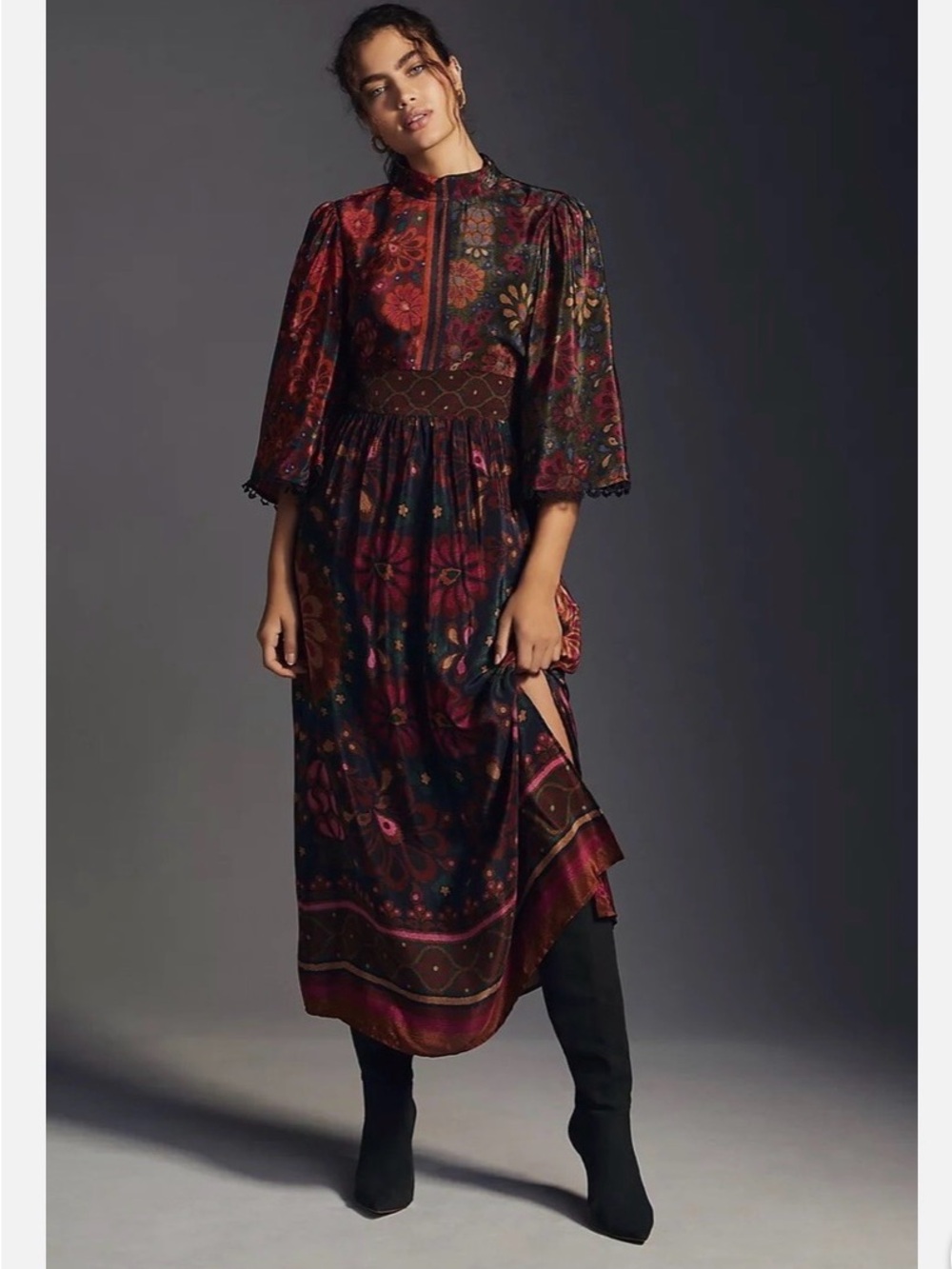 FARM Rio Burgundy and Black Floral Midi Dress - 70s inspired Brazilian Boho